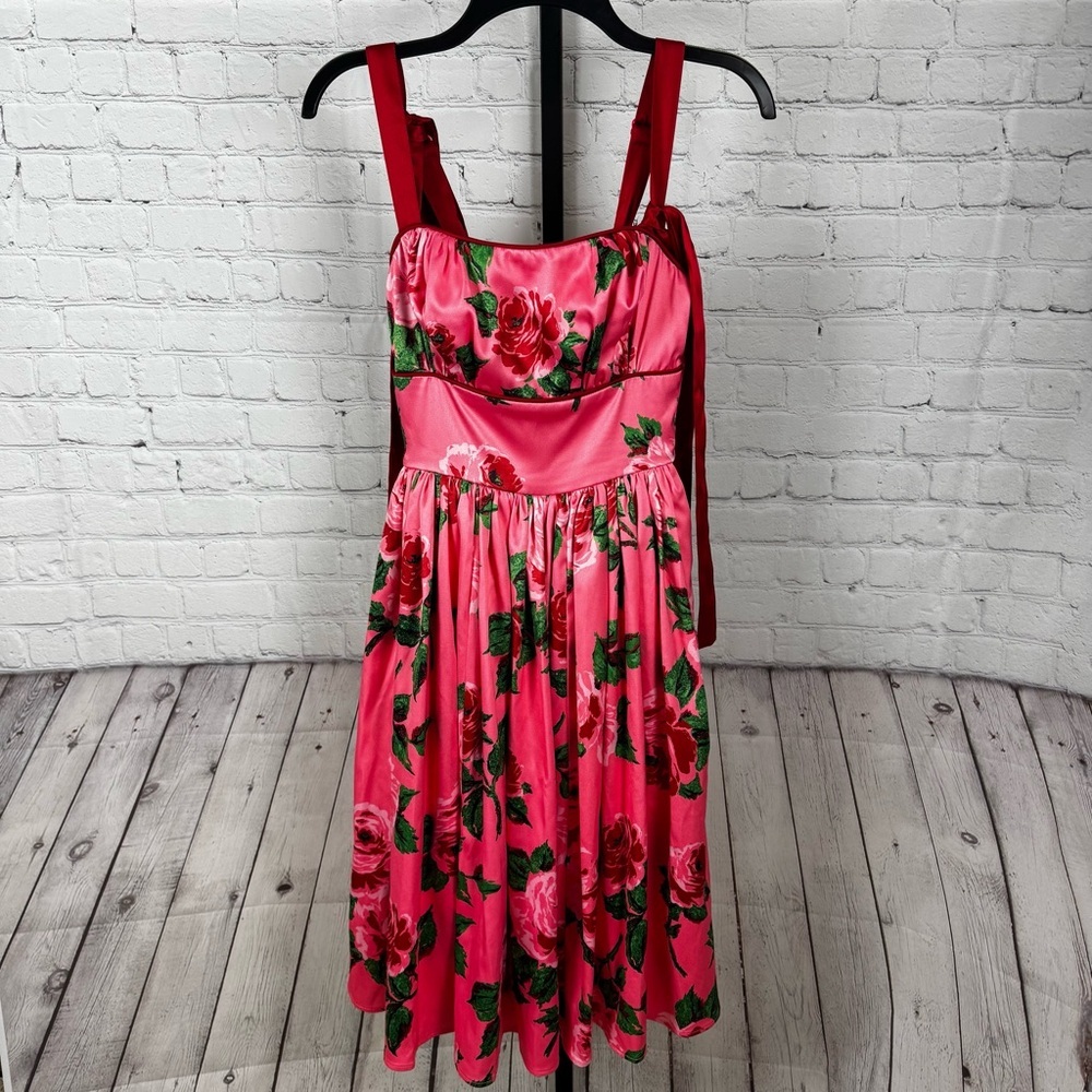 Vixen by Micheline Pitt Pink Floral Fit-and-Flare Dress with Red Straps